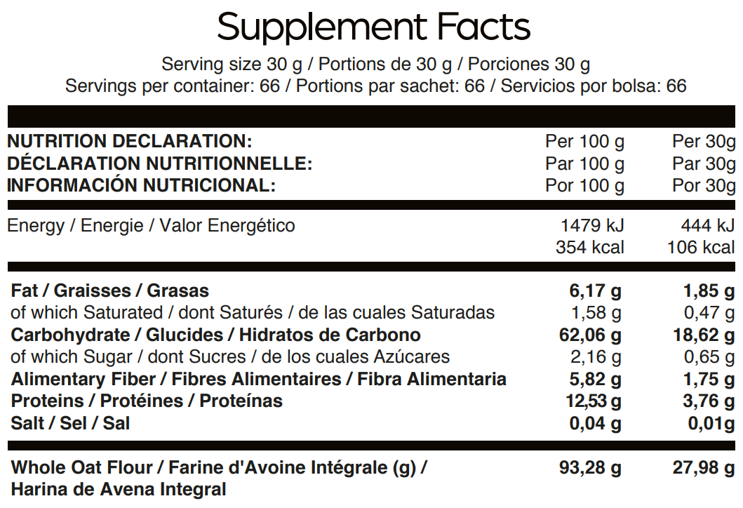 Supplement Facts Instant Oatmeal de Gourmet Fit